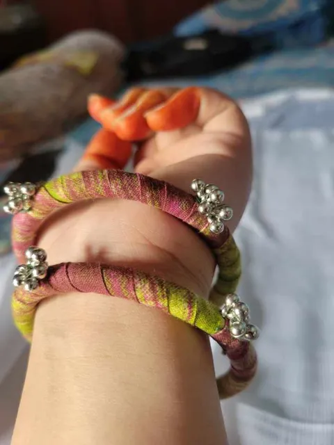 Pink & Green Silk Thread Bangles — Silver Bead Pair