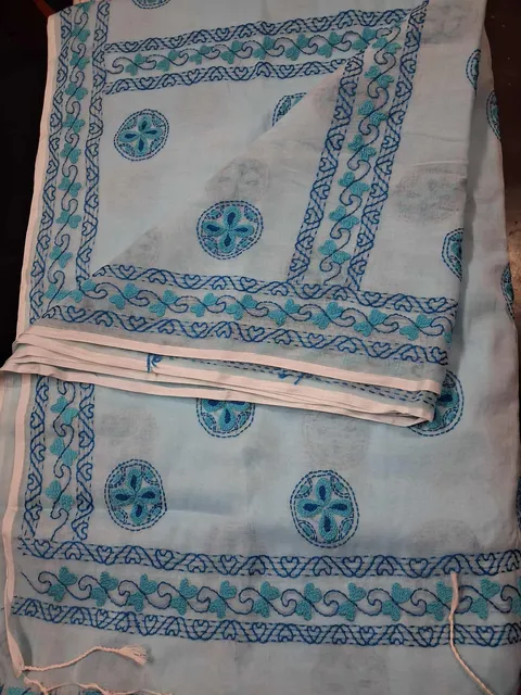 নকশী কাঁথা শাড়ি — হালকা নীল বেস, নীল মেডালিয়ন — শাড়ি, হাতে তৈরি বাংলাদেশের কারিগর পণ্য