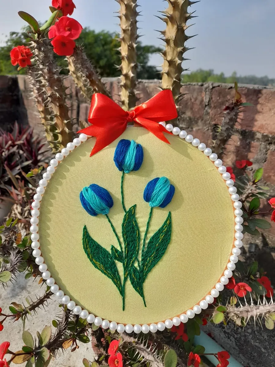 Handcrafted Tulip Embroidery Hoop Art Wall Hanging