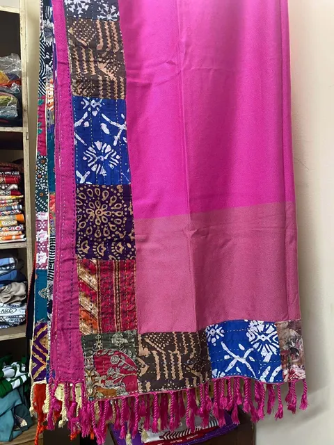 Kantha Patchwork-Border Shawl / Orna — Tasseled
