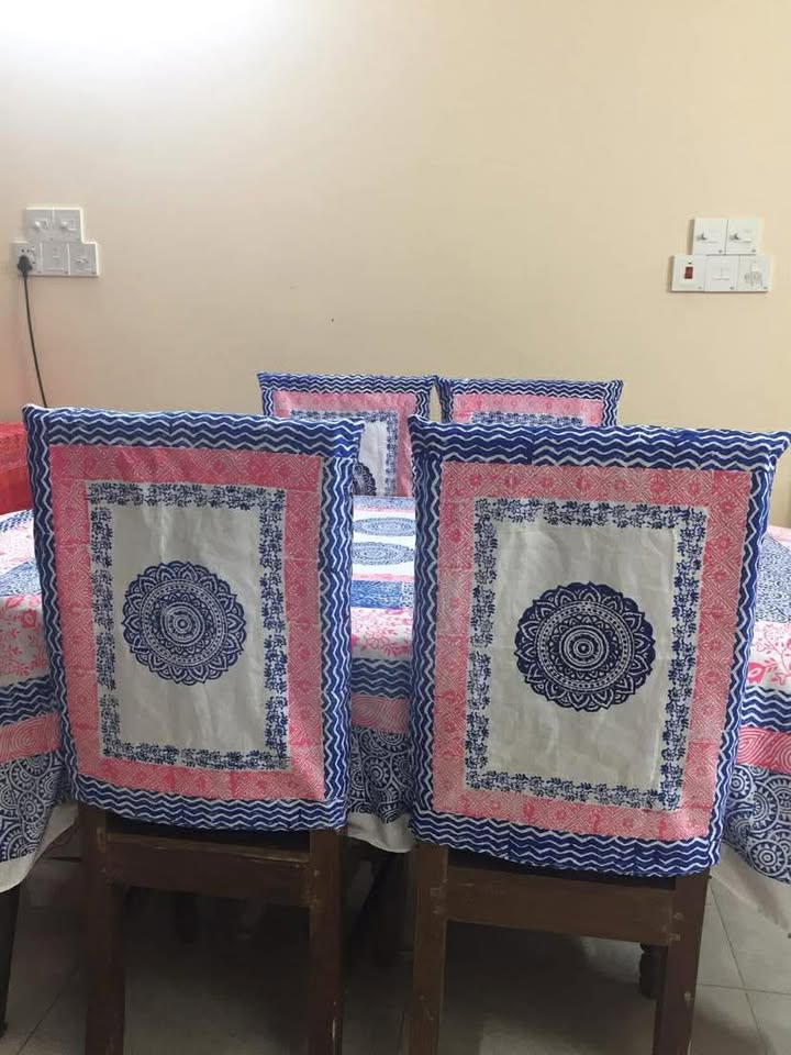 Block-Print Dining Table Set — Blue Mandala (Cloth + Chair Covers + Runner)