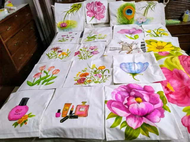 Hand-Painted Cushion Cover — Tropical Leaves & Parrot