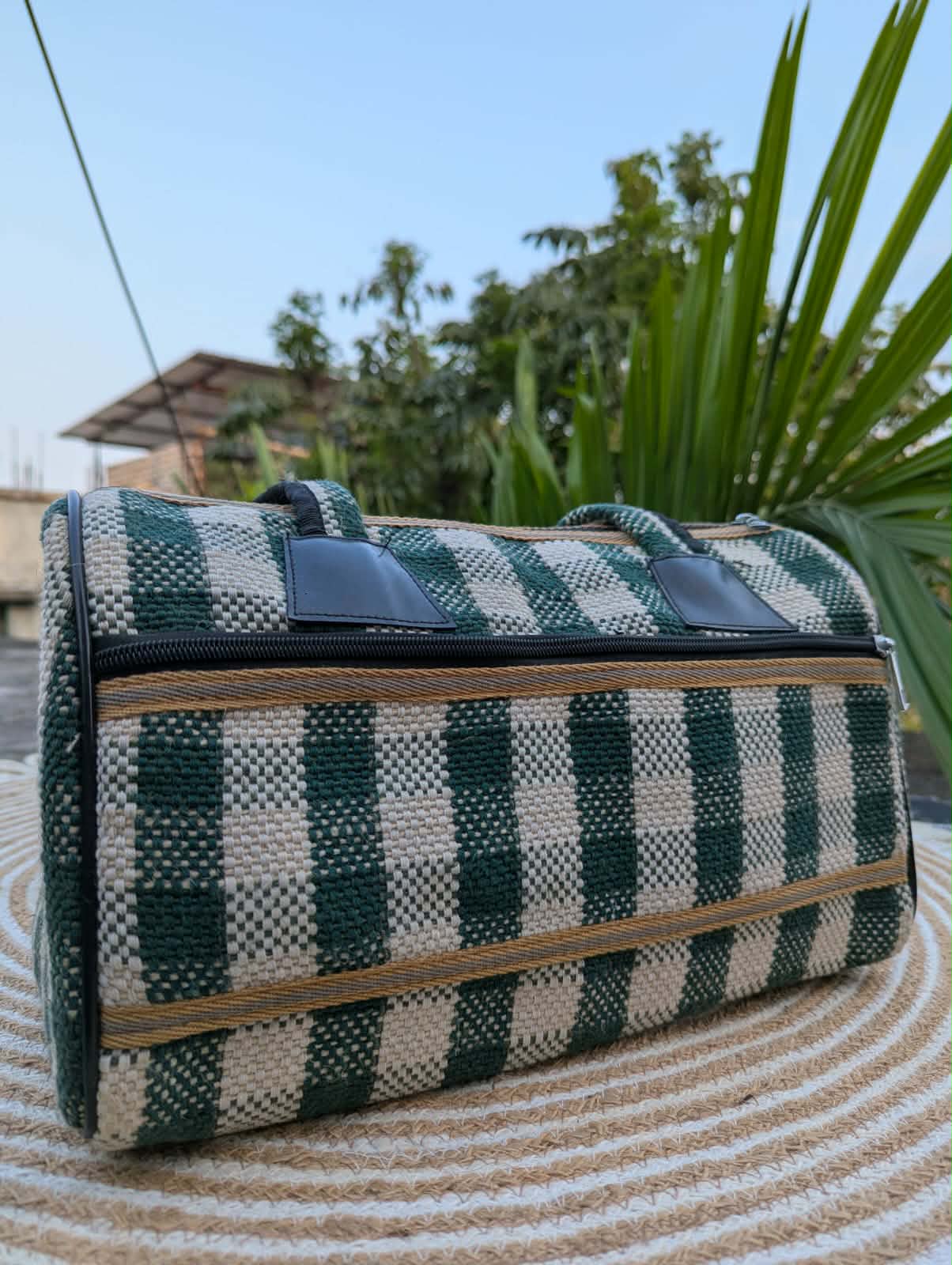 Handloom Jute Bag — Green & Cream Check