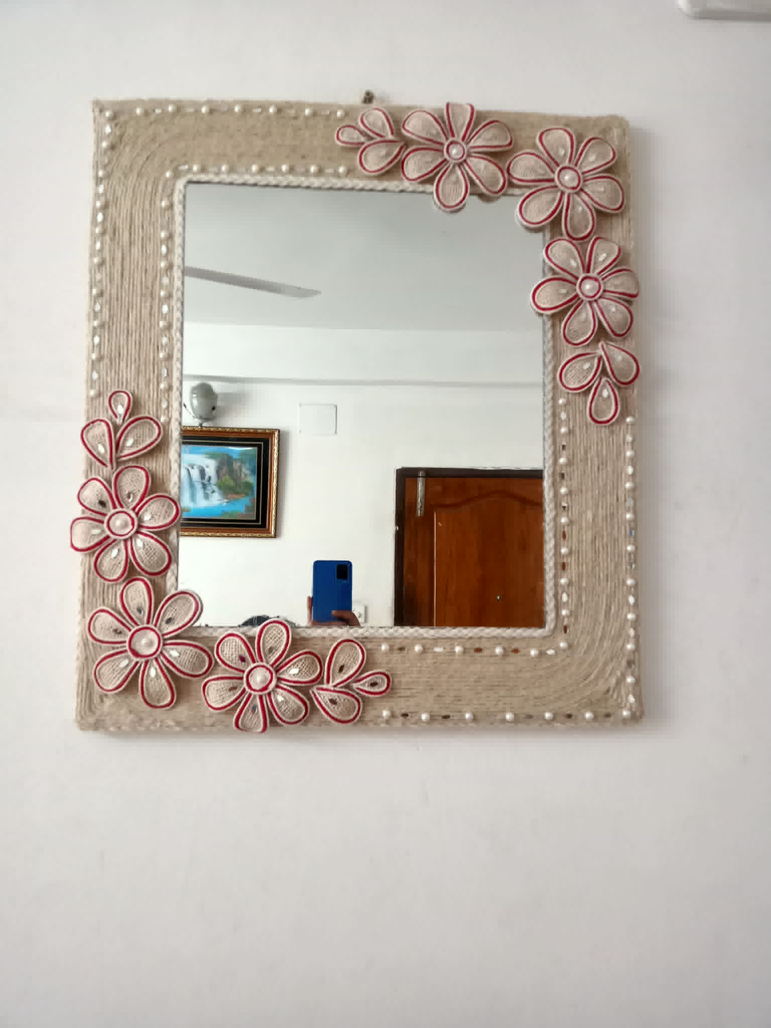 Jute Wall Mirror — Square, Red-Edged Daisies
